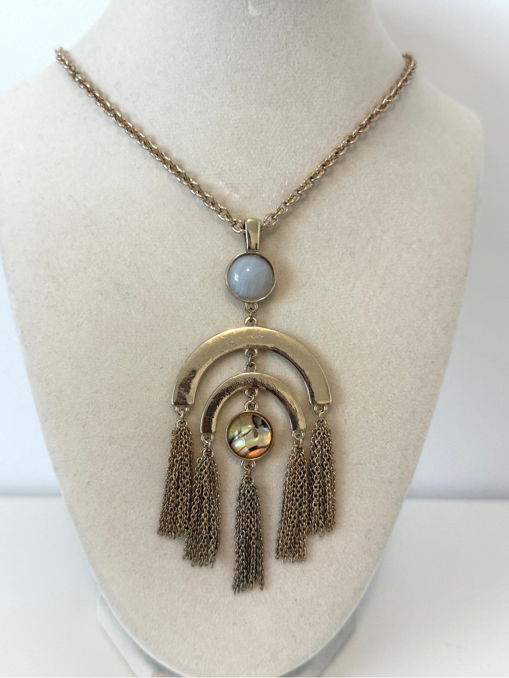 Gold-Tone Statement Tassel Pendant Necklace with Gray Stone